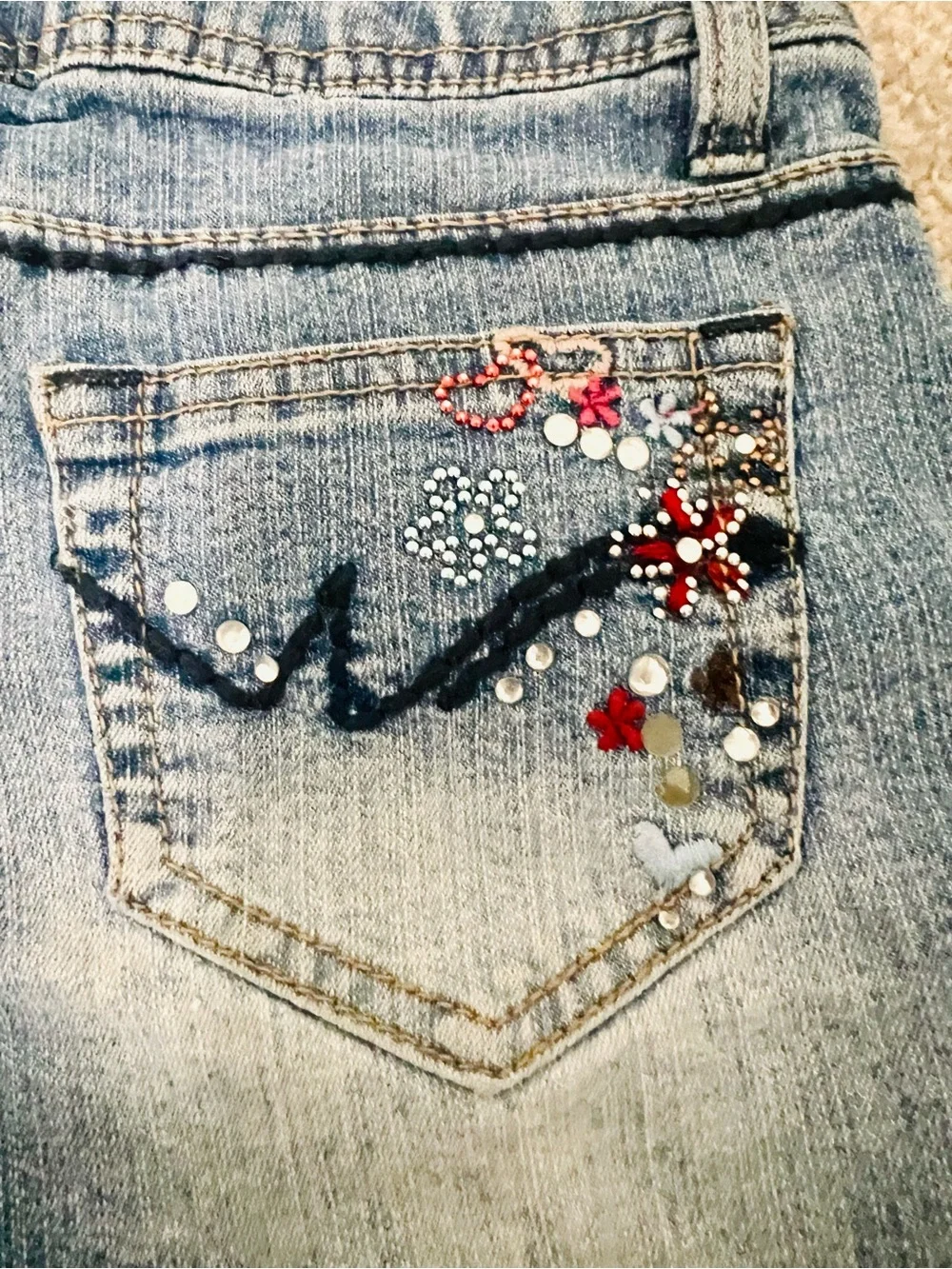 Girls' Light Blue Denim Shorts with Embroidered Hearts